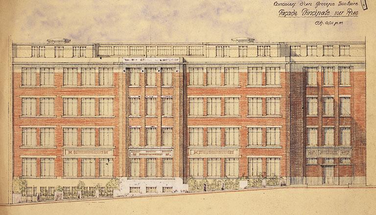 Autre projet non réalisé pour le groupe scolaire Pasteur sur le site du théâtre (37-39 rue du général de Gaulle), devise : fer à cheval. La façade principale de l'école, sur la rue du Général de Gaulle.
