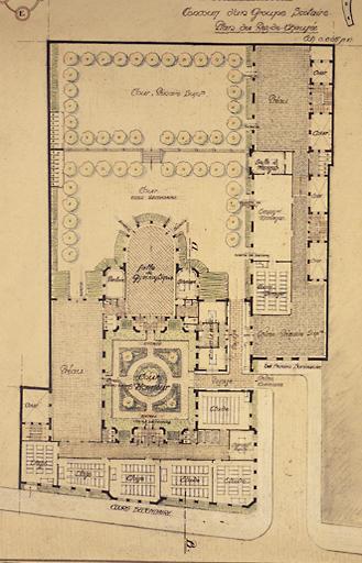 'Ville de Melun. Concours d'un groupe scolaire. Plan du rez-de-chaussée'. Projet non réalisé pour le groupe scolaire Pasteur, devise : fer à cheval (voir les Doc.2 et 3).