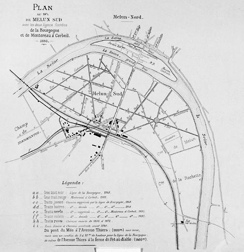 Plan au 10m/m de Melun sud, avec les deux voies ferrées de la Bourgogne et de Montereau à Corbeil.