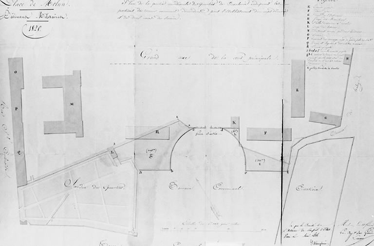 Place de Melun. Bâtiments militaires. 1825. Plan de la partie méridionale du quartier de cavalerie, indiquant les portions de terrain communal demandées pour l'établissement d'un corps d'écurie et de deux cours de service.