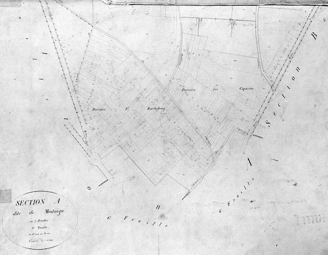 Plan parcellaire de la commune de Melun, levé en 1826 (...) sous la direction de M. Semane géomètre en chef, par M. Portant géomètre de première classe. Section A, dite de Montaigu, 3e feuille, 1ere partie. Echelle 1/2500.