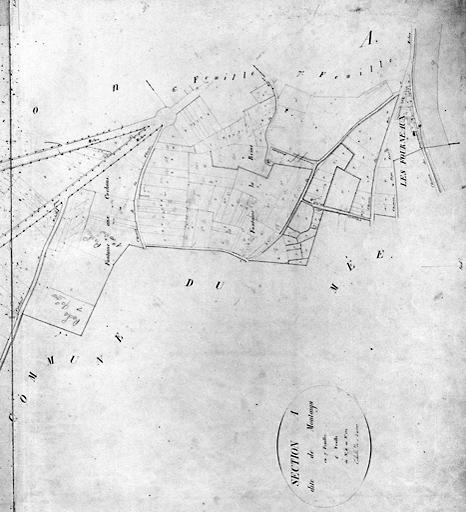 Plan parcellaire de la commune de Melun, levé en 1826 (...) sous la direction de M. Semane géomètre en chef, par M. Portant géomètre de première classe. Section A, dite de Montaigu, 2e feuille, 1ere partie. Echelle 1/2500.