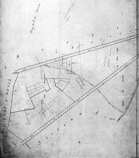 Plan parcellaire de la commune de Melun, levé en 1826 (...) sous la direction de M. Semane géomètre en chef, par M. Portant géomètre de première classe. Section A, dite de Montaigu, 2e feuille, 2eme partie. Echelle 1/2500.