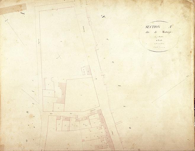 Plan parcellaire de la commune de Melun, levé en 1826 (...) sous la direction de M. Semane géomètre en chef, par M. Portant géomètre de première classe. Section A, dite de Montaigu, 4e feuille, 1ere partie.