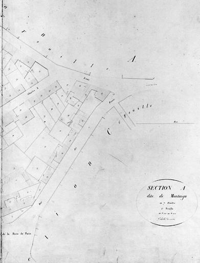 Plan parcellaire de la commune de Melun, levé en 1826 (...) sous la direction de M. Semane géomètre en chef, par M. Portant géomètre de première classe. Section A, dite de Montaigu, 5e feuille, 2eme partie.