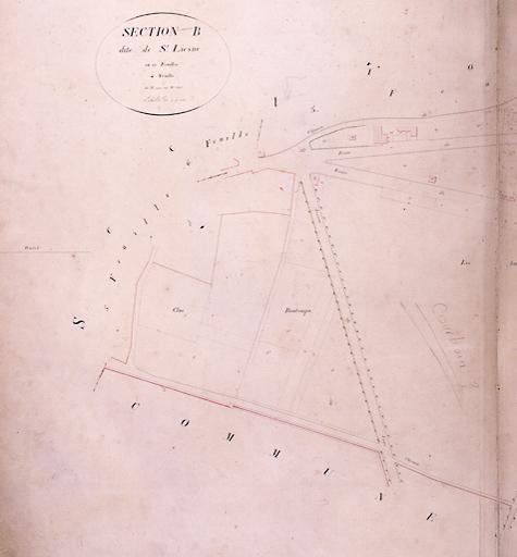 Plan parcellaire de la commune de Melun, levé en 1826 (...) sous la direction de M. Semane géomètre en chef, par M. Portant géomètre de première classe. Section B, dite de Saint-Liesne, 4eme feuille, 1ere partie.