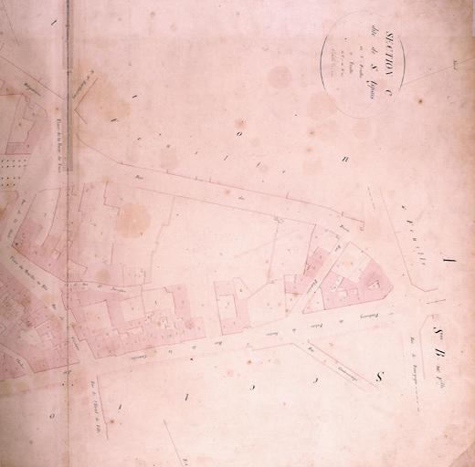 Plan parcellaire de la commune de Melun, levé en 1826 (...) sous la direction de M. Semane géomètre en chef, par M. Portant géomètre de première classe. Section C, dite de Saint-Aspais, 1ere feuille, 2eme partie.