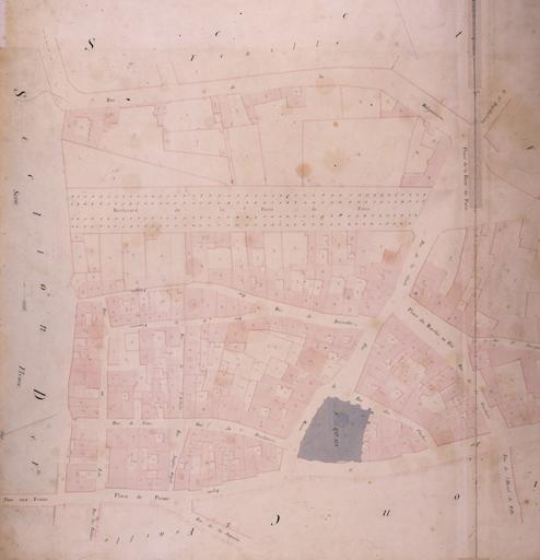 Plan parcellaire de la commune de Melun, levé en 1826 (...) sous la direction de M. Semane géomètre en chef, par M. Portant géomètre de première classe. Section C, dite de Saint-Aspais, 1ere feuille, 1ere partie.