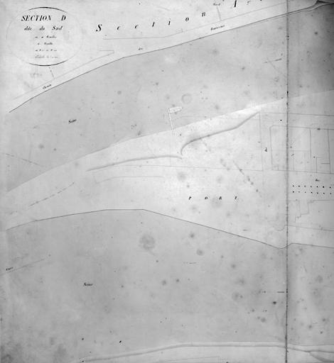 Plan parcellaire de la commune de Melun, levé en 1826 (...) sous la direction de M. Semane géomètre en chef, par M. Portant géomètre de première classe. Section D, dite du sud, 1ere feuille, 1ere partie.