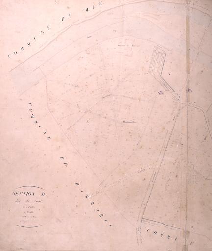 Plan parcellaire de la commune de Melun, levé en 1826 (...) sous la direction de M. Semane géomètre en chef, par M. Portant géomètre de première classe. Section D, dite du sud, 4eme feuille, 1ere partie.