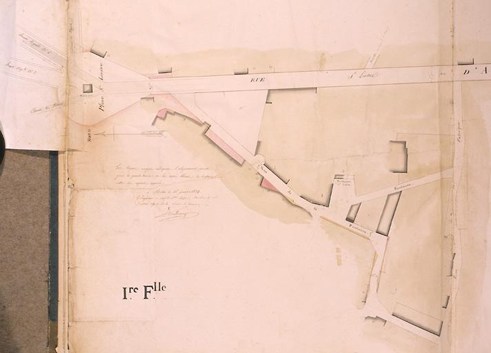 Plan général de la ville et fauxbourgs de Melun pour servir aux alignements, levé conformément à l'arrêté de M. le Préfet du 10 juin 1809 par Cerneau ingénieur vérificateur du cadastre. Première feuille, partie gauche. Ech. 1/500e.