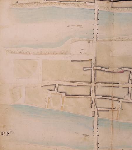 Plan général de la ville et fauxbourgs de Melun pour servir aux alignements, levé conformément à l'arrêté de M. le Préfet du 10 juin 1809 par Cerneau ingénieur vérificateur du cadastre. Cinquième feuille, partie gauche. Ech. 1/500e.