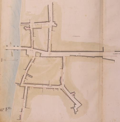 Plan général de la ville et fauxbourgs de Melun pour servir aux alignements, levé conformément à l'arrêté de M. le Préfet du 10 juin 1809 par Cerneau ingénieur vérificateur du cadastre. Sixième feuille, partie gauche. Ech. 1/500e.