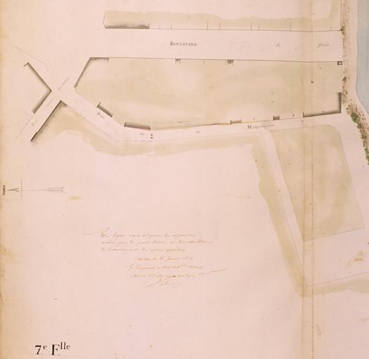 Plan général de la ville et fauxbourgs de Melun pour servir aux alignements, levé conformément à l'arrêté de M. le Préfet du 10 juin 1809 par Cerneau ingénieur vérificateur du cadastre. Septième feuille, partie gauche. Ech. 1/500e.