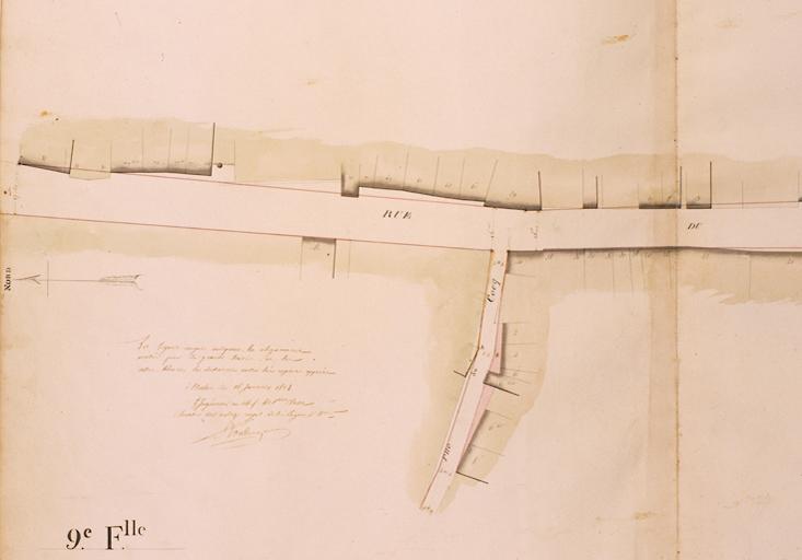 Plan général de la ville et fauxbourgs de Melun pour servir aux alignements, levé conformément à l'arrêté de M. le Préfet du 10 juin 1809 par Cerneau ingénieur vérificateur du cadastre. Neuvième feuille, partie gauche. Ech. 1/500e.