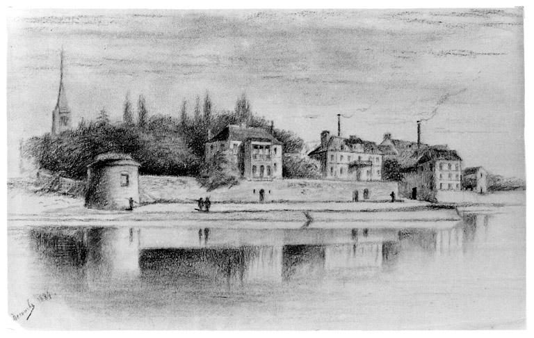 Dessin de François-Julien Decourbe représentant le quai de la Reine Blanche en 1884, avec la villa dans son parc et la 'tour de César', ultime vestige du château royal.
