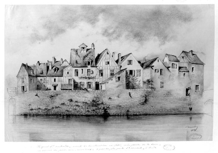 'La rive gauche de la Seine, en amont du pont-aux-moulins, en 1830.' Ce dessin de maisons aujourd'hui disparues montre l'abondance du pan-de-bois dans l'habitat ancien.