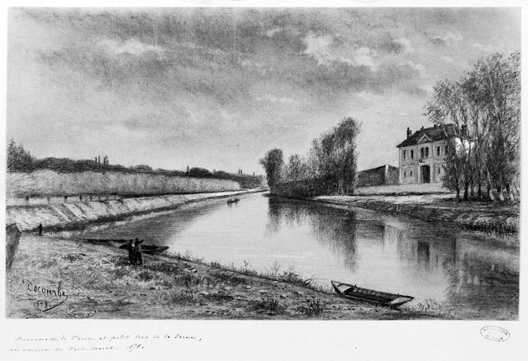 'Promenade de Vaux et petit bras de la Seine, en amont du pont Marat, 1878'. Ce dessin montre le nouveau portail de la maison centrale de détention.