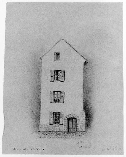 Pignon d'une maison située rue des Potiers (aujourd'hui dénaturée), dessin, 19e siècle.