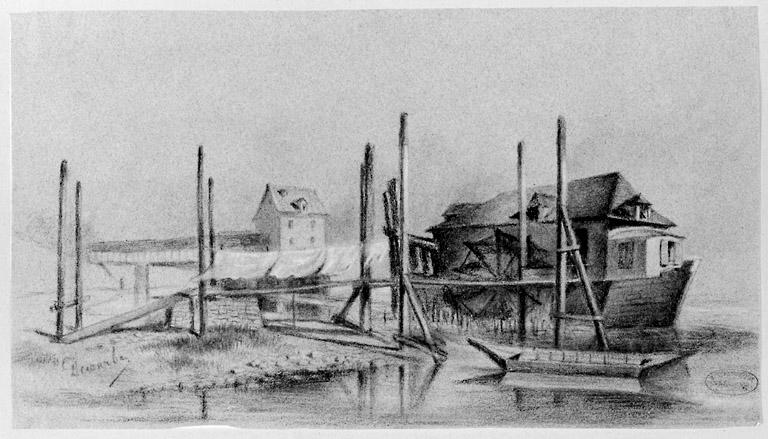 Le moulin-bateau Landry, dessin, 19e siècle.