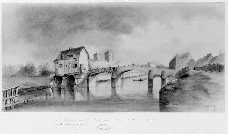 Le pont-aux-moulins, avant la construction des quais de la rive gauche (entre 1830 et 1835).