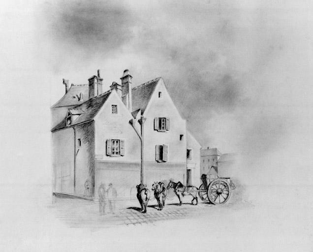 Deux pignons de maisons anciennes, dessin, 19e siècle.