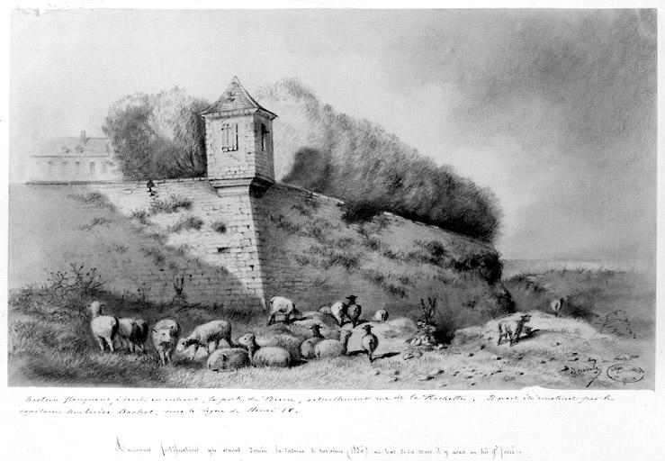 'Anciennes fortifications qui étaient derrière la caserne de cavalerie (1836)'. Annotation de G. Leroy : 'Bastion flanquant à droite en entrant la porte de Bierre, actuellement rue de la Rochette'.