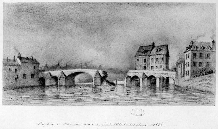 Rupture du pont-aux-moulins par la débâcle des glaces, 1830.