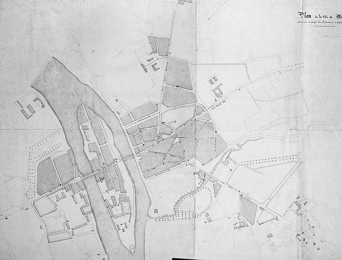 Plan de la ville de Melun pour servir au projet d'un établissement de distibution d'eau de Seine.