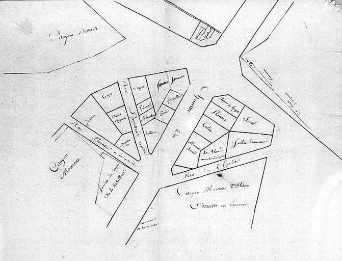 Plan du lotissement vers la fin du 18e siècle, avec les noms des acquéreurs des lots. La 'rue de l'Egalité' est notre actuelle rue de la Contrescarpe.