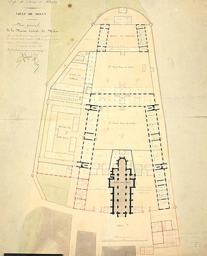 'Département de Seine-et-Marne. Ville de Melun. Plan général de la maison centrale de Melun, refait sur les plans partiels approuvés et complétés de concert avec Monsieur Vallet directeur à l'effet de proposer à l'autorité supérieure l'achèvement de l'établissement.'