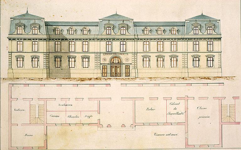 Projet 'Vincere aut mori' (non réalisé) : façade principale du petit collège et plan.