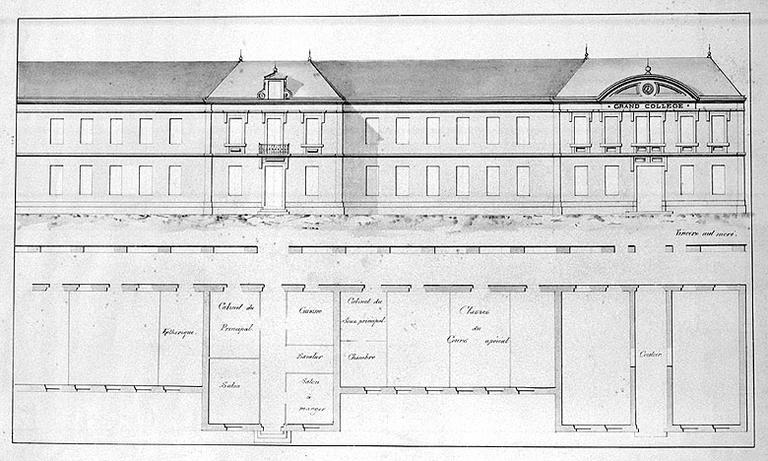 Projet 'Vincere aut mori' (non réalisé) : façade proche du grand collège et plan.