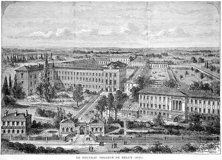 'Le nouveau collège de Melun. Inauguré le 5 août 1885, sous la présidence de M. Gréard, vice-recteur de l'Académie de Paris'. Gravure parue dans l''Illustration'.