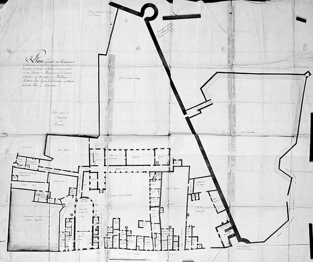 Plan général des bâtiments et maisons ou dépendances cy-devant des dames Ursulines de la ville de Melun, levé par ordre de son éminence Monseigneur le cardinal de Luynes, en décembre 1772 par Chayé architecte juré expert des bâtiments au Châtelet de ladite ville y demeurant.