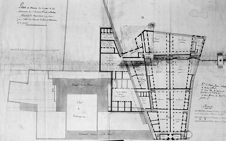 'Plan en masse du terrain et des bâtiments des ci-devant Frères à Melun, présentant les dispositions à y faire pour établir des maisons d'arrêt, de détention et de justice.'