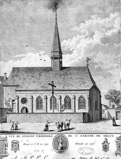 'Vue de l'église paroissiale de Saint-Etienne de Melun. Réunie à Notre-Dame en 1790. Démolie en 1793.'