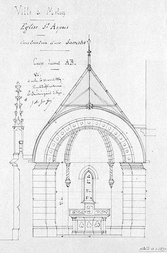 Ville de Melun. Eglise Saint-Aspais. Construction d'une sacristie. Coupe transversale. Echelle : 0.02 m.p.m.