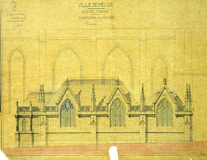 Ville de Melun. Eglise Saint-Aspais. Construction d'une sacristie. Elévation. Echelle : 0.02 m.p.m.