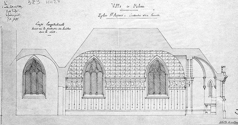 Ville de Melun. Eglise Saint-Aspais. Construction d'une sacristie. Coupe longitudinale. Echelle : 0.02 m.p.m.