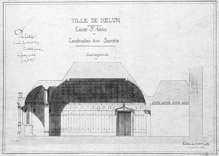 Ville de Melun. Eglise Saint-Aspais. Construction d'une sacristie. Coupe longitudinale. Echelle : 0.015 m.p.m.