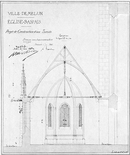 Ville de Melun. Eglise Saint-Aspais. Projet de construction d'une sacristie. Coupe transversale. Ech. 0.02 m.p.m.