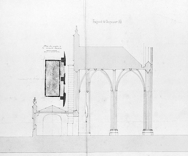 Ville de Melun. Eglise Saint-Aspais. Construction d'une nouvelle sacristie. Coupe sur l'église et la sacristie, plan du comble de la nouvelle sacristie.