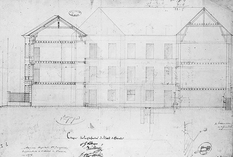 Ancien hôpital Saint-Jacques. Construction de l'Hôtel de France en 1829. Coupe sur la profondeur de l'Hôtel de France.