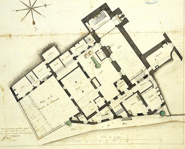 'Plan de la maison Saint-Jacques de Melun, tel qu'elle étoit au moment de la suppression de la maison d'arrest, avec les changements que l'on se proposoit d'y faire pour y rétablir l'hospice et l'augmenter. Levé et dessiné par nous architecte expert à Melun, par ordre de la Municipalité des 14 au 18 fructidor de l'an 3 de la République française'. Plan du rez-de-chaussée.