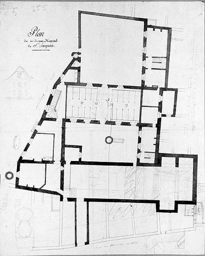 'Plan de la maison Saint-Jacques de Melun, tel qu'elle étoit au moment de la suppression de la maison d'arrest, avec les changements que l'on se proposoit d'y faire pour y rétablir l'hospice et l'augmenter. Levé et dessiné par nous architecte expert à Melun, par ordre de la Municipalité des 14 au 18 fructidor de l'an 3 de la République française. Plan du ci-devant hôpital de Saint-Jacques' (brouillon de II 3).