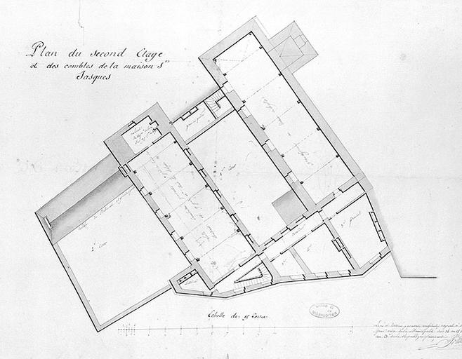 'Plan de la maison Saint-Jacques de Melun, tel qu'elle étoit au moment de la suppression de la maison d'arrest, avec les changements que l'on se proposoit d'y faire pour y rétablir l'hospice et l'augmenter. Levé et dessiné par nous architecte expert à Melun, par ordre de la Municipalité des 14 au 18 fructidor de l'an 3 de la République française'. Plan du second étage et des combles.