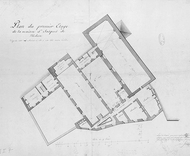 'Plan de la maison Saint-Jacques de Melun, tel qu'elle étoit au moment de la suppression de la maison d'arrest, avec les changements que l'on se proposoit d'y faire pour y rétablir l'hospice et l'augmenter. Levé et dessiné par nous architecte expert à Melun, par ordre de la Municipalité des 14 au 18 fructidor de l'an 3 de la République française'. Plan du premier étage.