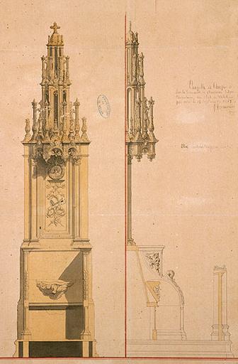 Chapelle de l'hospice de Melun : sur la demande de Monsieur Dégoux prêtre chapelain, une stalle de célébrant donnée par nous le 15 septembre 1867. éch. 10 cm.p.m.