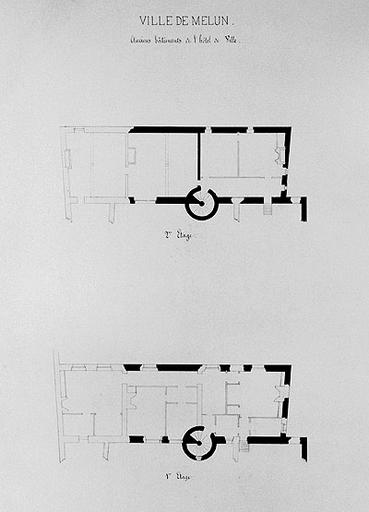 Album de 11 planches : projet d'hôtel de ville. Planche 2 : anciens bâtiments de l'hôtel de ville : grand bâtiment Dolibon. Plans du premier et deuxième étages.